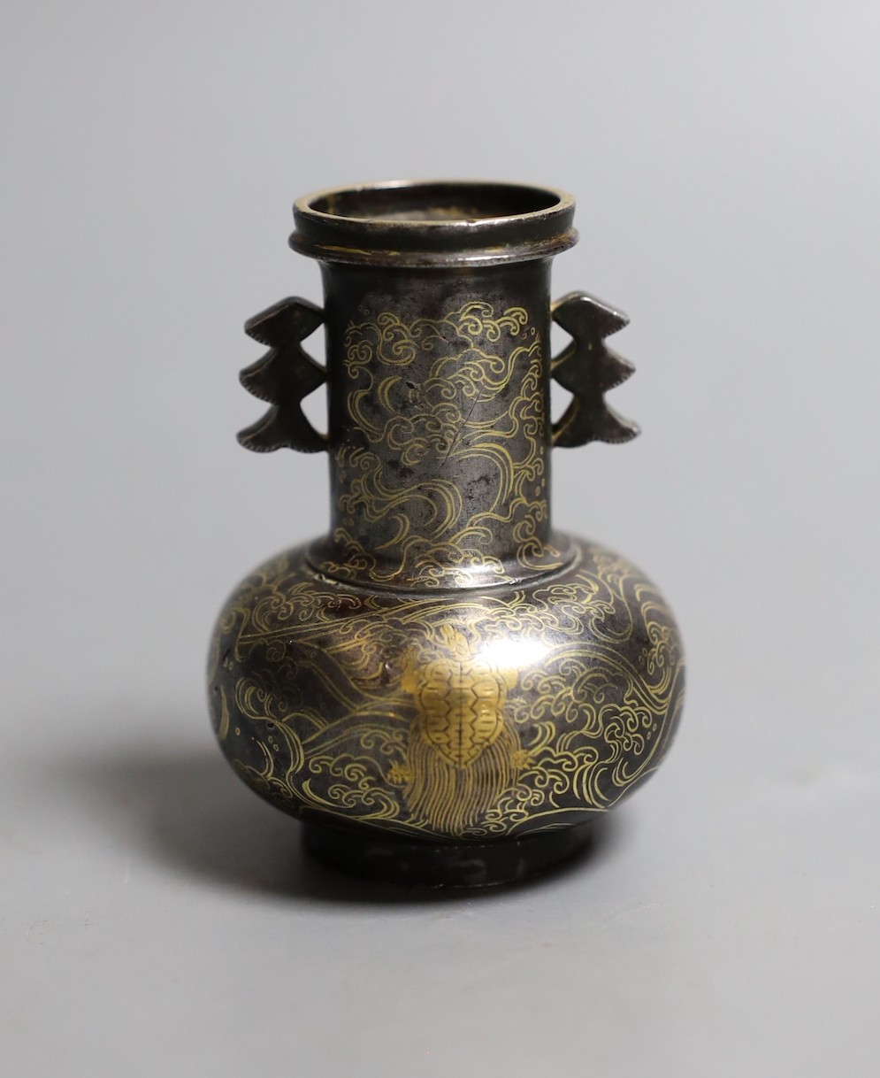 A Japanese mixed metal small vase, signed , 6.5 cms high